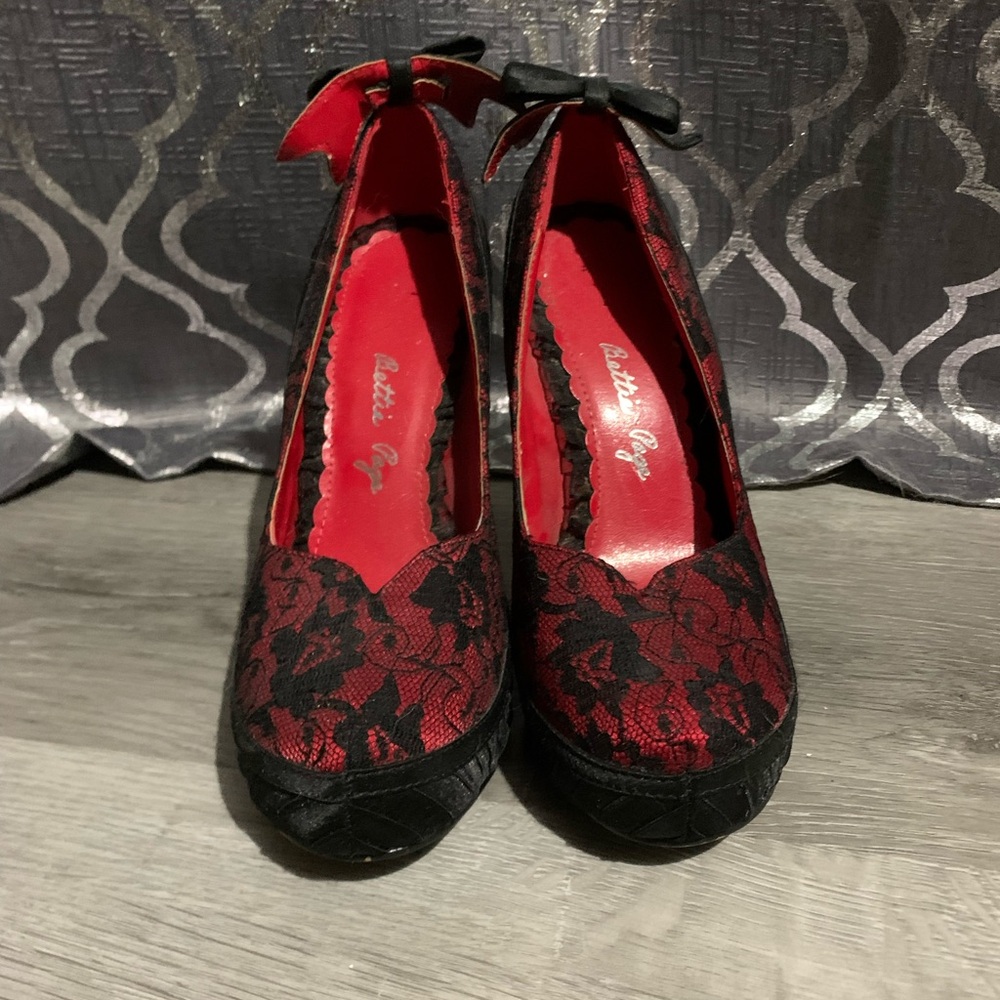 Bettie Page Red and Black Lace Heels